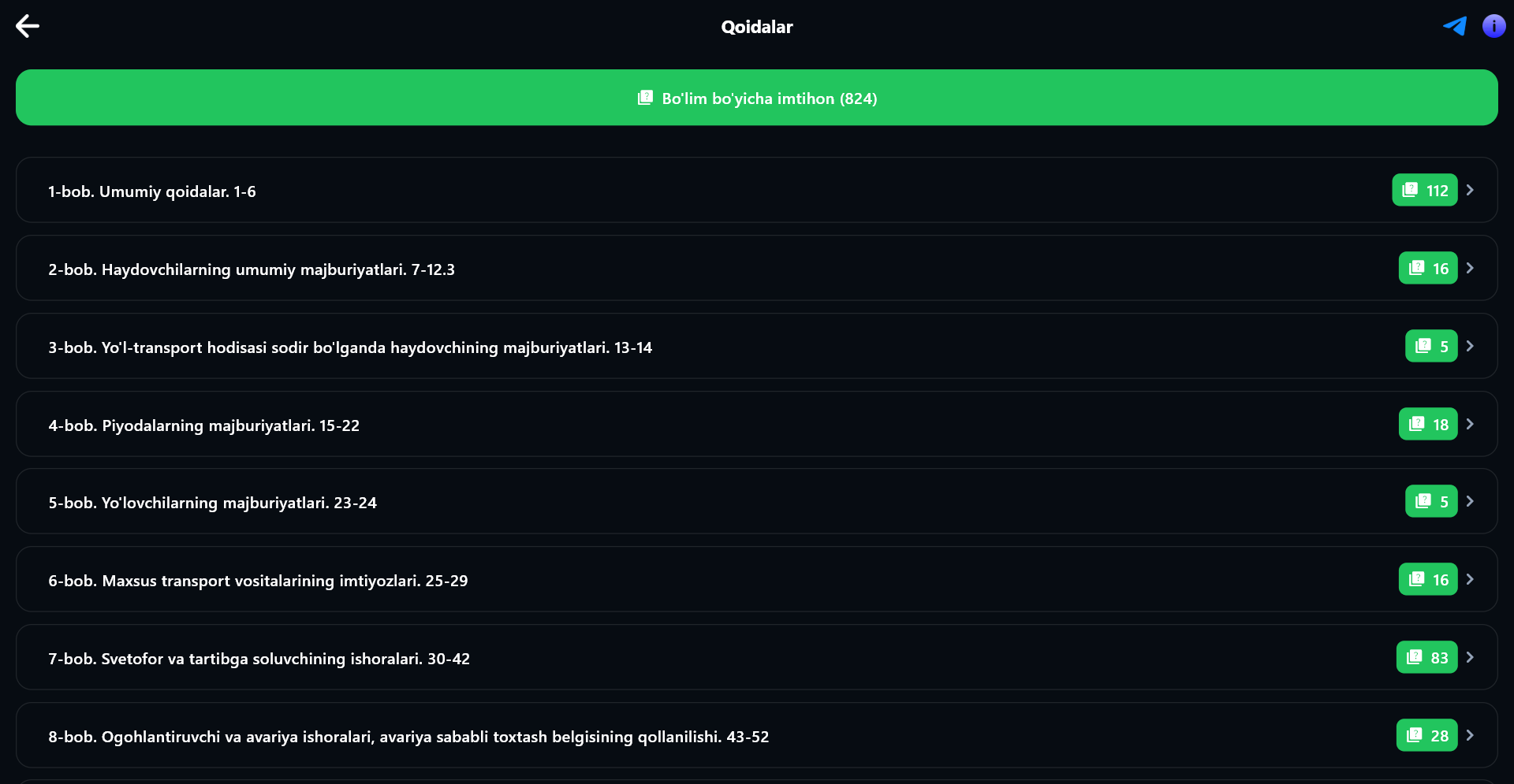 Avto Test PRO PC - Bo'lim tafsilotlari oynasi