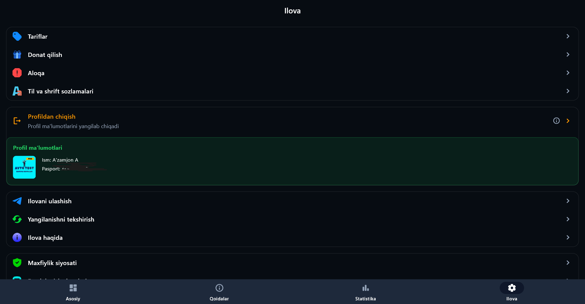 Avto Test PRO PC - Profil oynasi