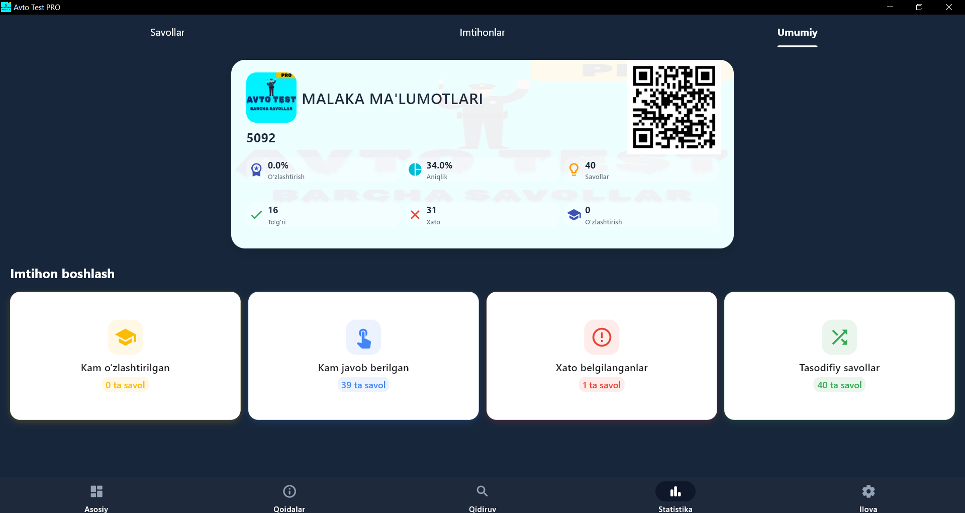 Avto Test PRO PC - Statistika oynasi
