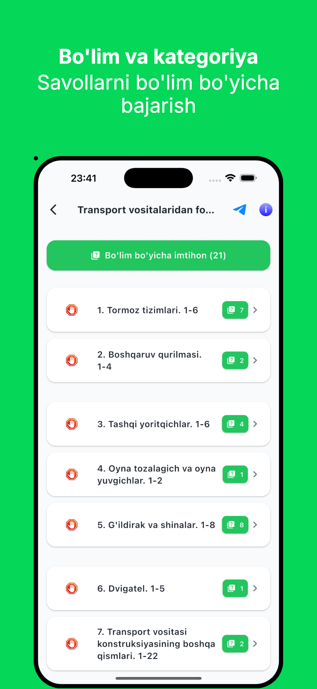 Avto Test PRO - Bo'lim va yo'nalishlar, Yo'l Harakati Belgilari