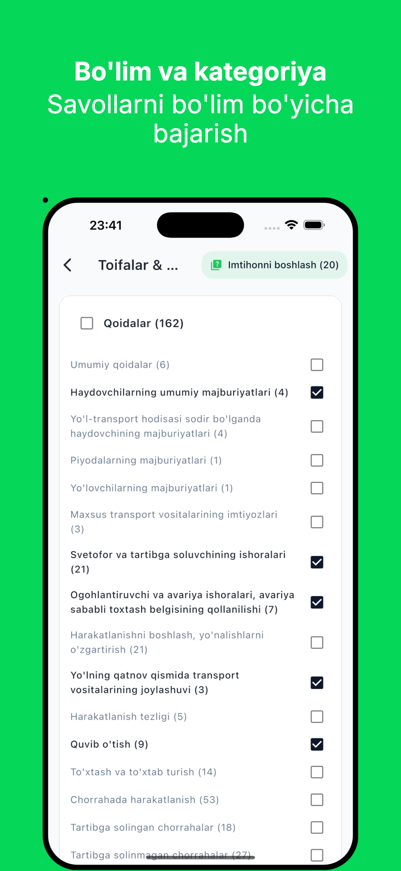 Avto Test PRO - Maxsus bo'lim va yo'nalishlari, Testlar